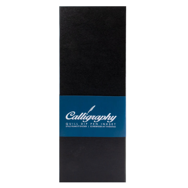 Closed black peacock quill pen gift box with a blue Calligraphy sleeve.