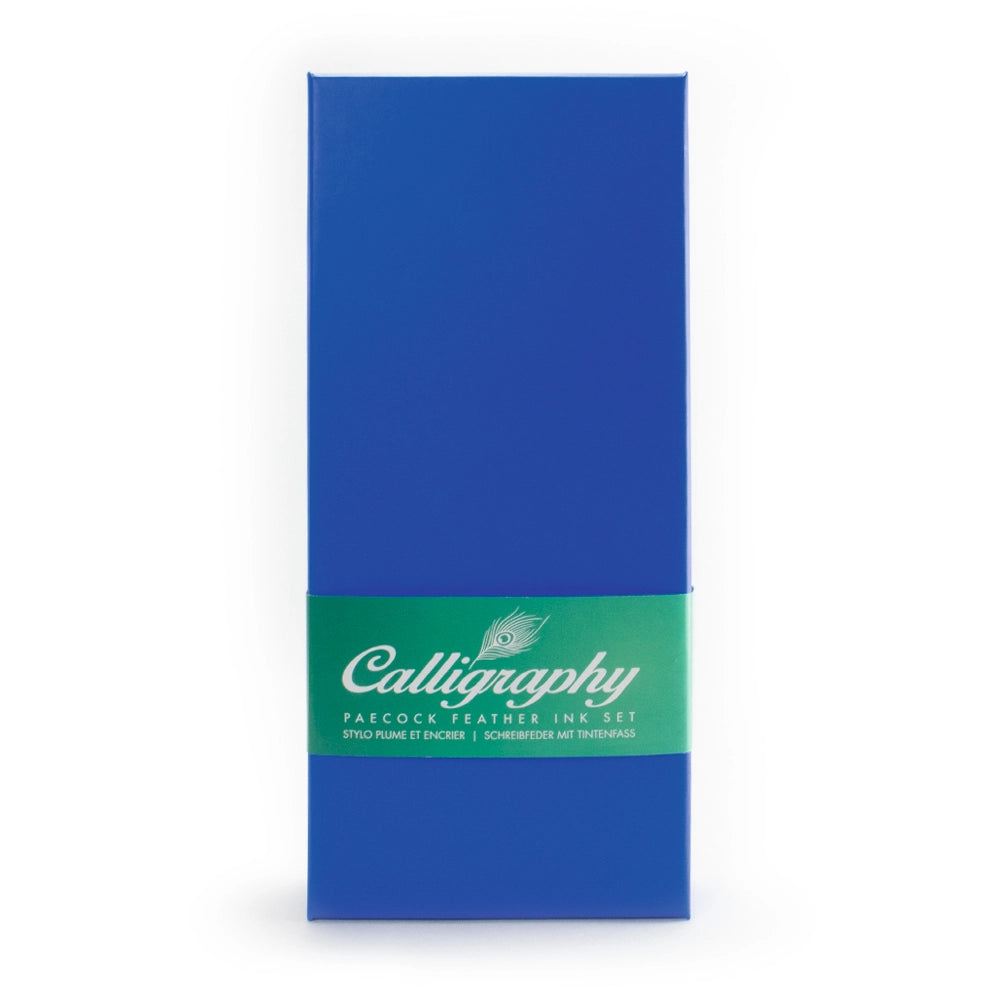 Closed blue gift box for the peacock quill pen and stand set with a green Calligraphy sleeve.
