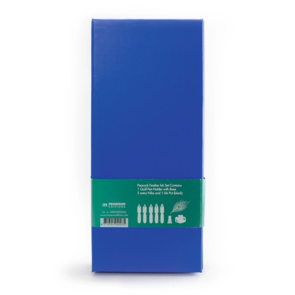 Reverse of the blue peacock quill pen and stand gift box showing the contents information.