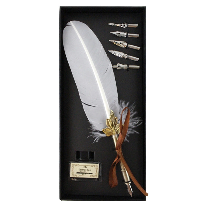 White feather quill pen, five metal nibs and a bottle of ink in an open black gift box.