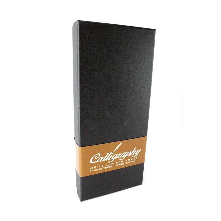 Closed black gift box for the white feather quill pen set with a gold-coloured Calligraphy sleeve.