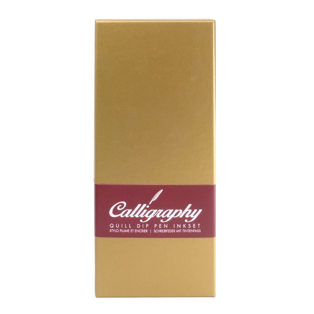 Closed gold-coloured gift box for the burgundy quill pen set with a Calligraphy sleeve.