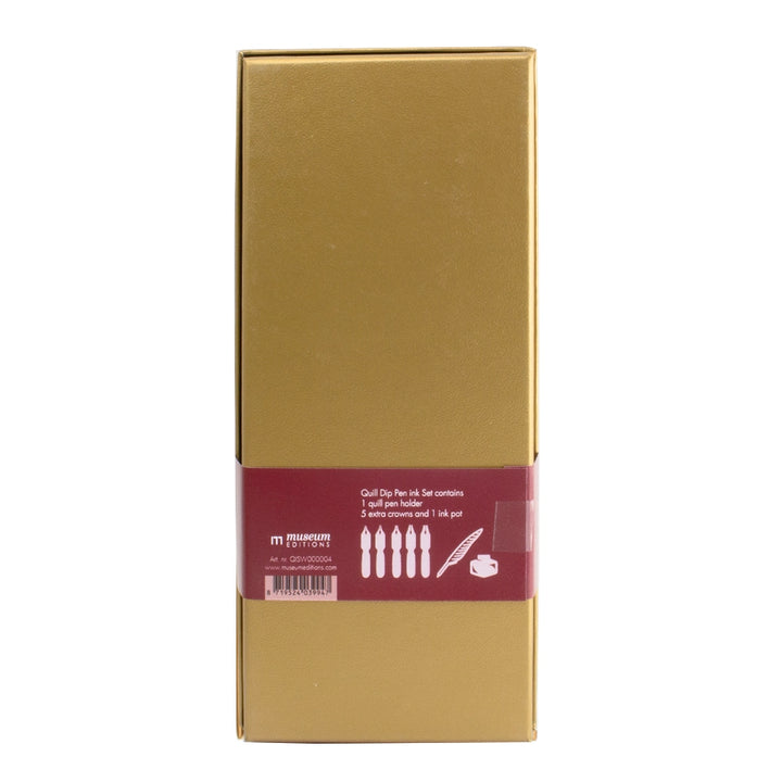 Reverse of the burgundy quill pen set’s gold-coloured gift box showing the contents information.